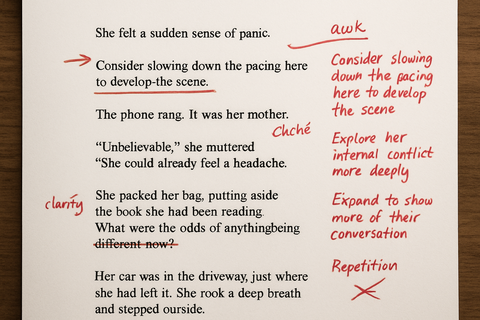 Developmental editing process with manuscript notes and feedback